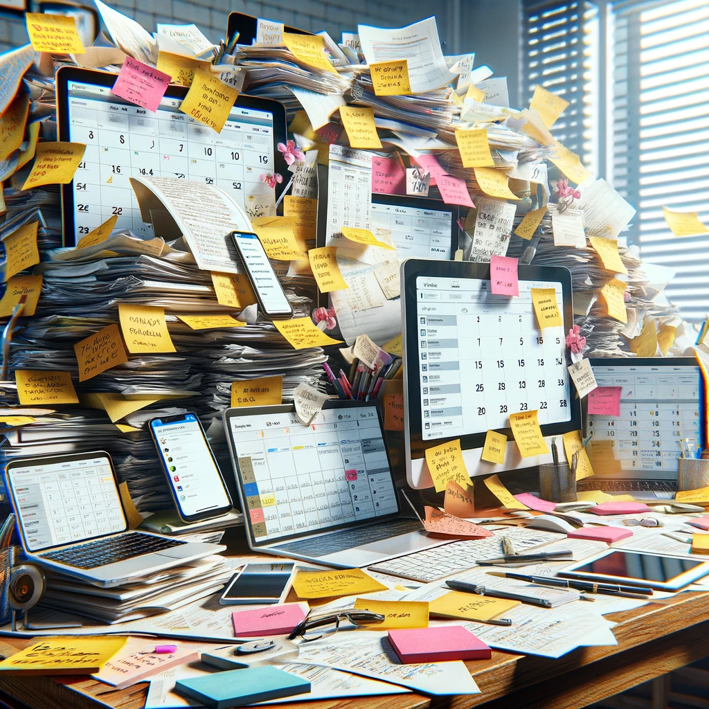 A cluttered workspace overwhelmed with tasks, representing the challenges faced by leaders of open source communities in effective time management